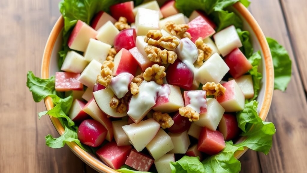 Classic Waldorf Salad Recipe A colorful Waldorf Salad with apples, grapes, walnuts on lettuce, set on a wooden table.